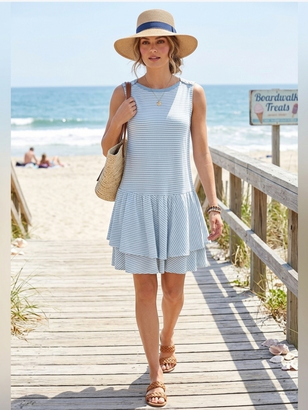 Lauren Ralph Lauren Light Blue Striped Tiered Sundress